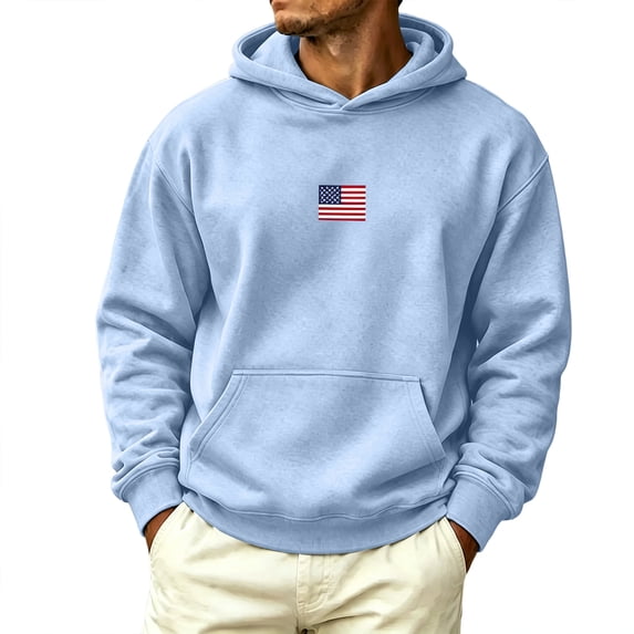 ZVNAΖH Men's Hoodie with USA Flag Print, Long Sleeve Pullover with Kangaroo Pocket, Casual Hooded Sweatshirt for Patriotic Day, M-3XL