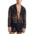 thumbnail image 1 of ZVNAΖH Men's Lace 2-Piece Set Geometric Crochet Long Sleeve Mandarin Collar Shirt & Shorts Summer Beach Vacation Outfit, 1 of 6