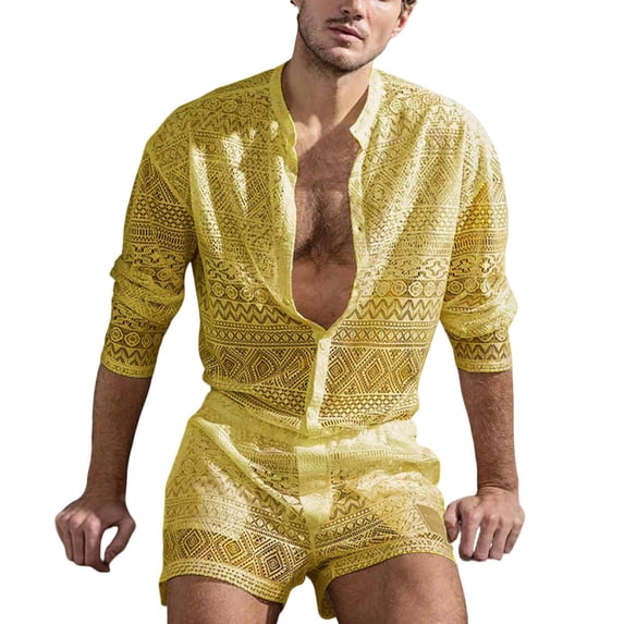 ZVNAΖH Men's Lace 2-Piece Set Geometric Crochet Long Sleeve Mandarin Collar Shirt & Shorts Summer Beach Vacation Outfit