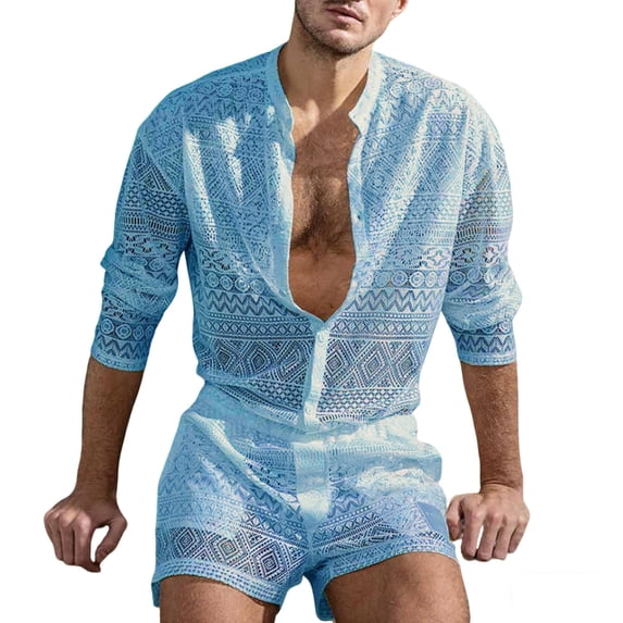 ZVNAΖH Men's Lace 2-Piece Set Geometric Crochet Long Sleeve Mandarin Collar Shirt & Shorts Summer Beach Vacation Outfit
