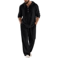thumbnail image 1 of ZVNAΖH Men's Lightweight Crinkle Linen 2-Piece Set Long Sleeve Hooded Henley Shirt & Loose Fit Drawstring Pants Casual Outfit, 1 of 8