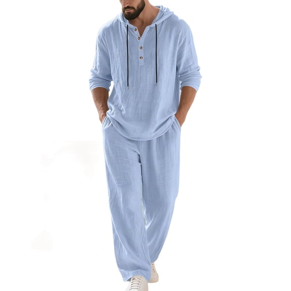 ZVNAΖH Men's Lightweight Crinkle Linen 2-Piece Set Long Sleeve Hooded Henley Shirt & Loose Fit Drawstring Pants Casual Outfit