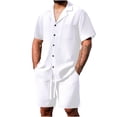 thumbnail image 1 of ZVNAΖH Men's Linen 2-Piece Hawaiian Vacation Outfit Camp Collar Button Up Shirt & Drawstring Shorts Beach Set, 1 of 6