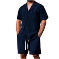 thumbnail image 1 of ZVNAΖH Men's Linen 2-Piece Hawaiian Vacation Outfit Camp Collar Button Up Shirt & Drawstring Shorts Beach Set, 1 of 7