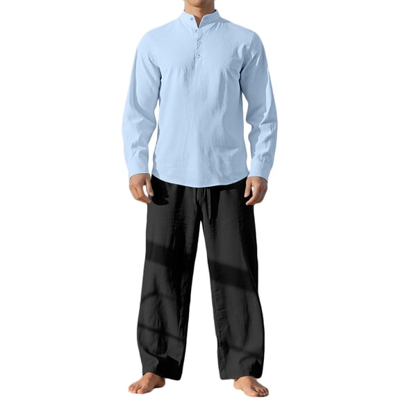 ZVNAΖH Men's Linen 2-Piece Set Band Collar Long Sleeve Shirt & Drawstring Wide Leg Pants Casual Outfit