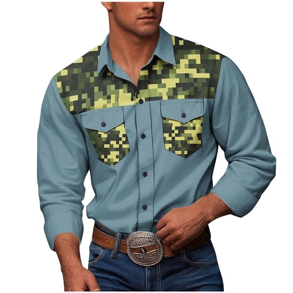 ZVNAΖH Men's Long Sleeve Military Style Cargo Tactical Work Shirt Button Down Camouflage Double Pockets Workwear Shirt
