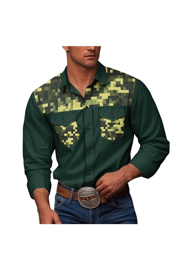 ZVNAΖH Men's Long Sleeve Military Style Cargo Tactical Work Shirt Button Down Camouflage Double Pockets Workwear Shirt