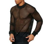ZVNA H Mens Mesh Fishnet Top Long Sleeve Sheer See Through T Shirt Fitted Muscle Blouse Clubwear