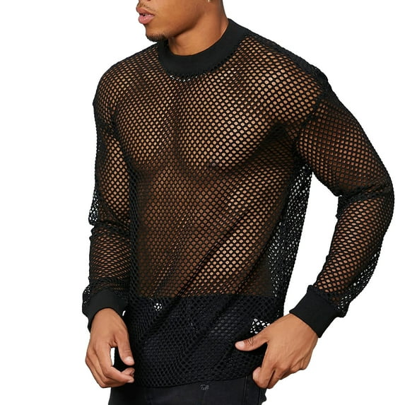 ZVNAΖH Men's Mesh Fishnet Top Long Sleeve Sheer See Through T Shirt Fitted Muscle Blouse Clubwear