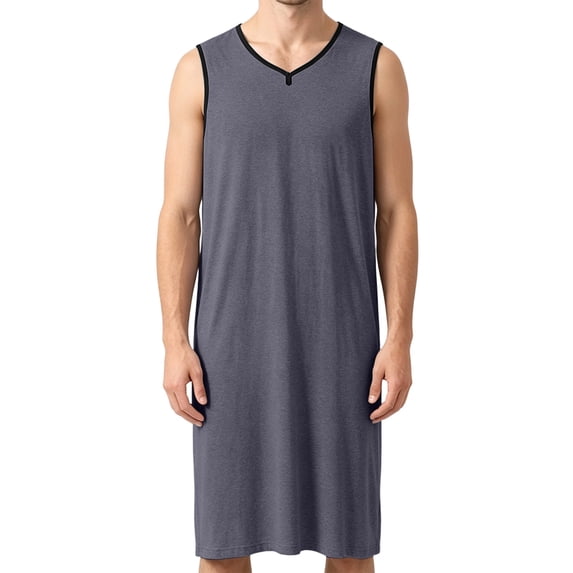 ZVNAΖH Men's Modal Sleeveless Nightshirt, V-Neck Tank Sleep Gown with Contrast Trim, Loose Fit Breathable Summer Lounge Wear, L-3XL