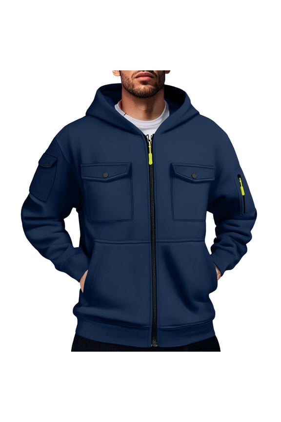 ZVNAΖH Men's Multi-pockets Cargo Hoodie Zip Up Fleece Tactical Jackets Fall Winter Casual Long Sleeve Trucker Hooded Sweat Shirts