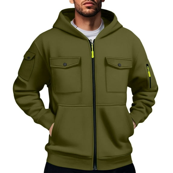 ZVNAΖH Men's Multi-pockets Cargo Hoodie Zip Up Fleece Tactical Jackets Fall Winter Casual Long Sleeve Trucker Hooded Sweat Shirts