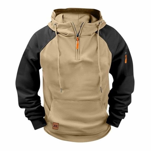 ZVNAΖH Men's Quarter Zip Pullover Hoodies Tactical Hooded Sweatshirt Fashion Color Patchwork Casual Workout Cargo Hoodie