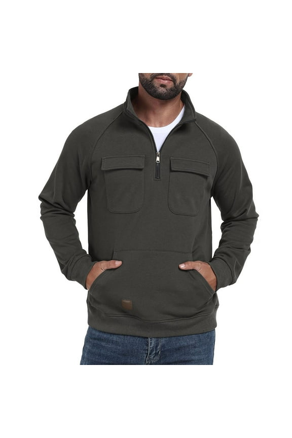 ZVNAΖH Men's Quarter Zip Pullover Mock Neck Long Sleeve Cargo Sweatshirts Casual Fleece Tactical Pullover with Multi-pockets