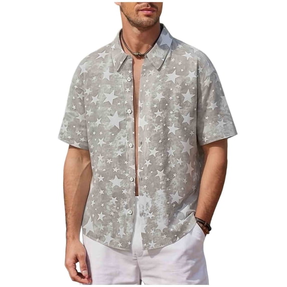 ZVNAΖH Men's Retro Star Print Shirt, Short Sleeve Collared Button Down Top for Summer Vacation & Daily, S-5XL