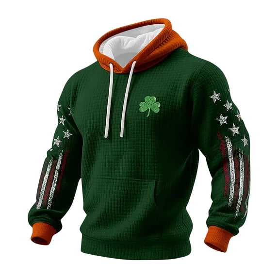 ZVNAΖH Men's Shamrock Print Waffle Knit Hoodie, Long Sleeve Plaid Textured Pullover with Pocket, Irish Patriotic Casual Hooded Sweatshirt for St. Patrick's Day