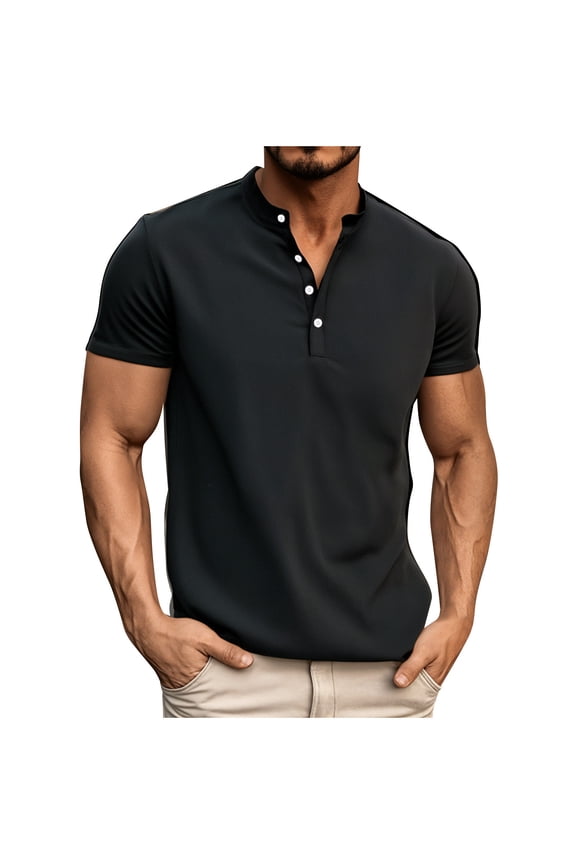 ZVNAΖH Men's Short Sleeve Polyester T-shirts Summer Casual Button Stand Up Collar Tees Comfy Solid Daily Tops, M-3XL