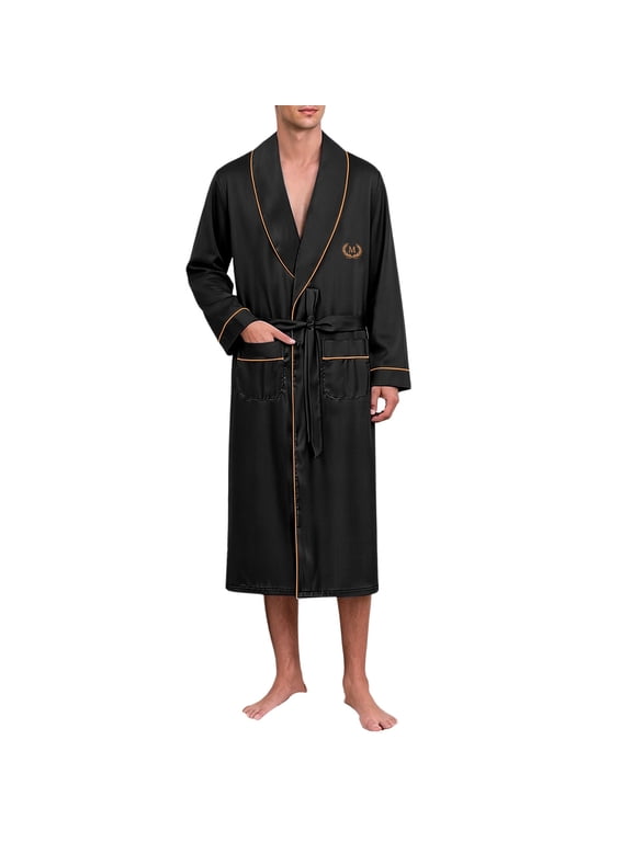 ZVNAΖH Men's Silky Satin Bathrobe with Embroidered Monogram, Long Sleeve Lightweight Kimono Robe with Pockets and Belt, M-4XL