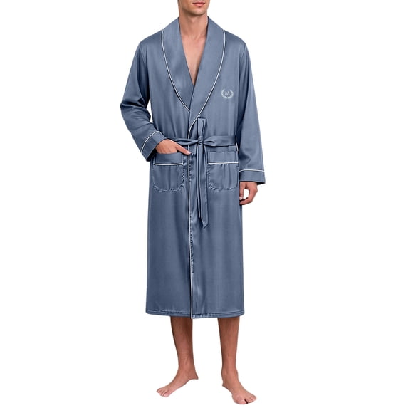 ZVNAΖH Men's Silky Satin Bathrobe with Embroidered Monogram, Long Sleeve Lightweight Kimono Robe with Pockets and Belt, M-4XL
