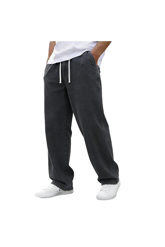 ZVNAΖH Men's Straight Leg Baggy Jeans Drawstring Elastic Waist Loose Fit Y2K Denim Pants with Pockets, S-3XL