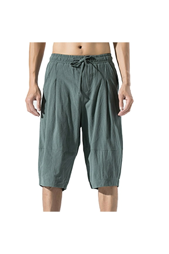 ZVNAΖH Men's Summer Casual Cotton and Linen Shorts Drawstring Elastic Waist Beach Shorts Knee Length Capris Bloomers Hot Shorts