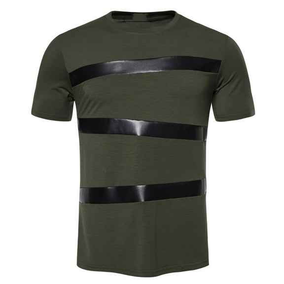 ZVNAΖH Men's Summer Casual Short Sleeve T-shirts 3 Stripe Leather Patchwork Crew Neck Pullover Tops Active Tee