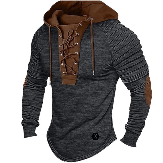 ZVNAΖH Men's Vintage Lace-Up Color Block Hoodie, Long Sleeve Pleated Pullover with Drawstring Hood and Elbow Patches, S-3XL