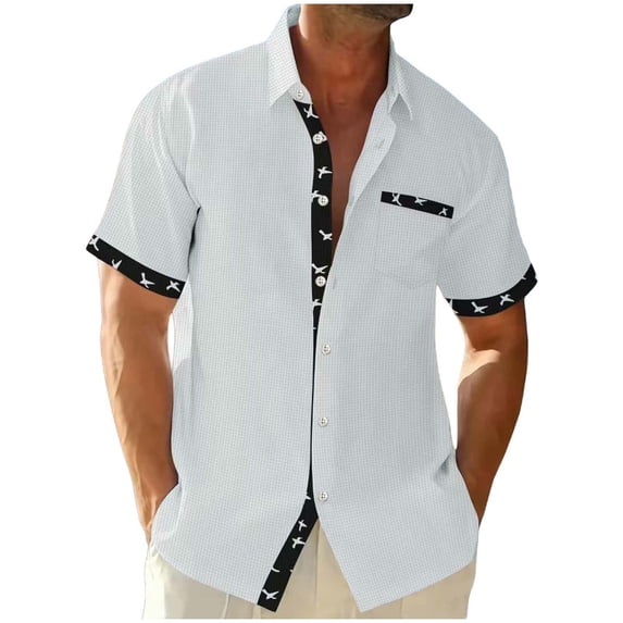 ZVNAΖH Men's Waffle Knit Bird Print Shirt, Short Sleeve Collared Button Down Casual Top with Contrast Placket, S-3XL