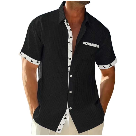 ZVNAΖH Men's Waffle Knit Bird Print Shirt, Short Sleeve Collared Button Down Casual Top with Contrast Placket, S-3XL