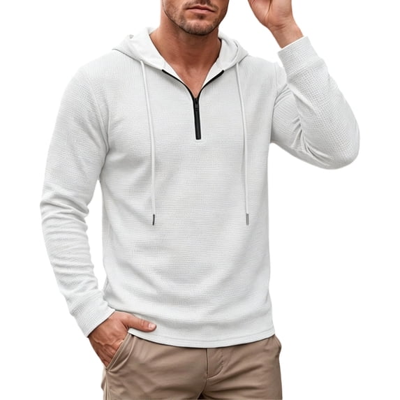 ZVNAΖH Men's Waffle Knit Hoodie, Quarter Zip Pullover with Drawstring Hood, Long Sleeve Casual Lightweight Top, Fall Winter, S-3XL
