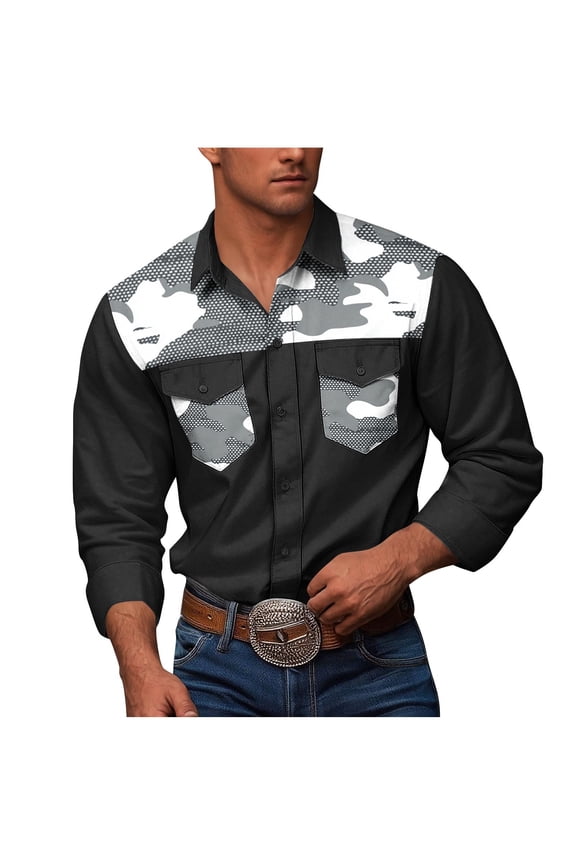 ZVNAΖH Men's Western Cowboy Camo Work Shirts Long Sleeve Button Down Army Cargo Shirt Jacket with Two Chest Pockets