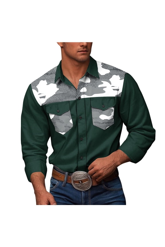ZVNAΖH Men's Western Cowboy Camo Work Shirts Long Sleeve Button Down Army Cargo Shirt Jacket with Two Chest Pockets