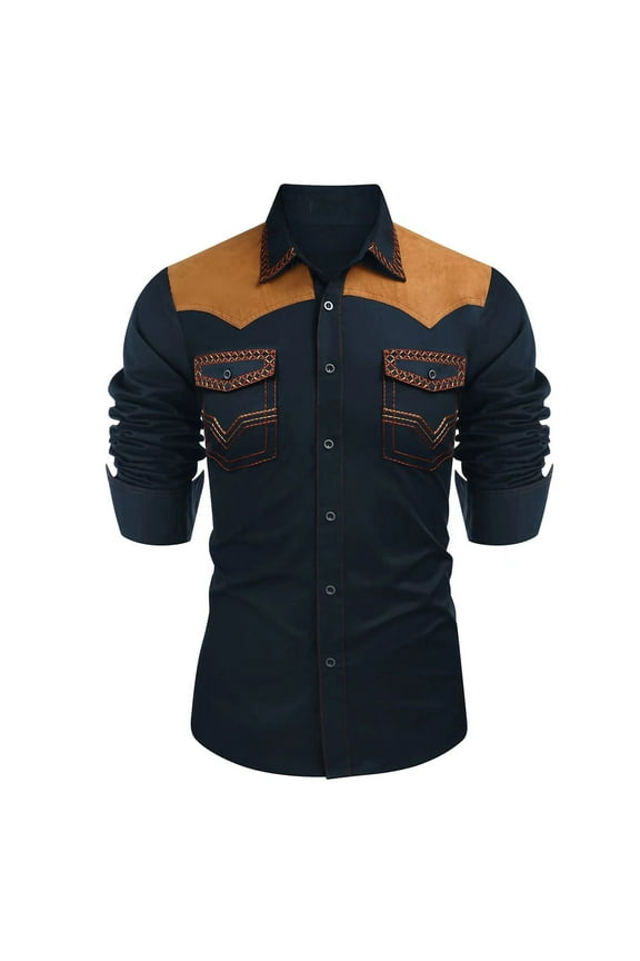 ZVNAΖH Men's Western Shirt Long Sleeve Embroidered Cowboy Casual Snap Button Shirt Suede Retro Shirts with Two Pockets