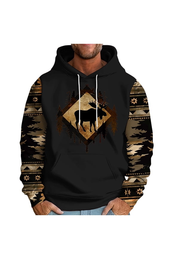 ZVNAΖH Men's Western Tribal Moose Print Hoodie Raglan Sleeve Loose Fit Long Sleeve Pullover with Drawstring, M-3XL