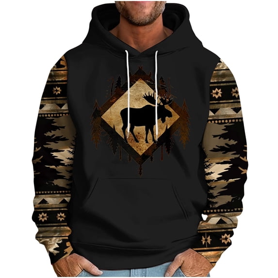 ZVNAΖH Men's Western Tribal Moose Print Hoodie Raglan Sleeve Loose Fit Long Sleeve Pullover with Drawstring, M-3XL