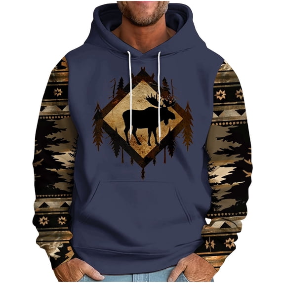 ZVNAΖH Men's Western Tribal Moose Print Hoodie Raglan Sleeve Loose Fit Long Sleeve Pullover with Drawstring, M-3XL