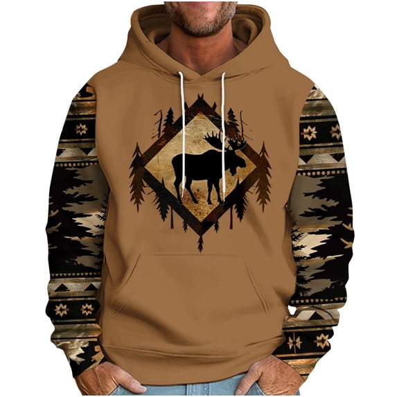 ZVNAΖH Men's Western Tribal Moose Print Hoodie Raglan Sleeve Loose Fit Long Sleeve Pullover with Drawstring, M-3XL