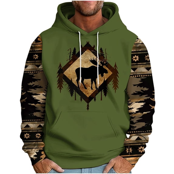 ZVNAΖH Men's Western Tribal Moose Print Hoodie Raglan Sleeve Loose Fit Long Sleeve Pullover with Drawstring, M-3XL