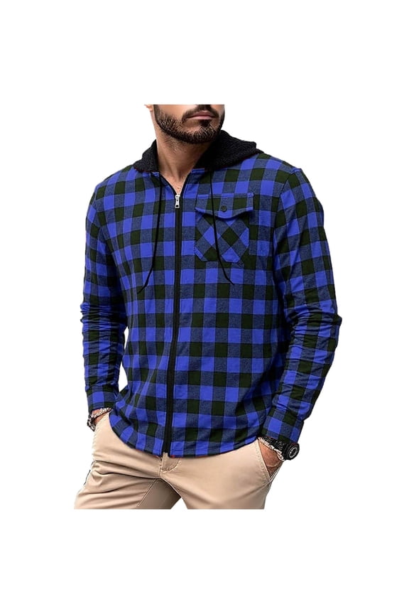 ZVNAΖH Men's Zip Up Buffalo Plaid Shirt Casual Long Sleeve Checkered Hoodie Lightweight Fall Shacket Zipper Jacket Tops