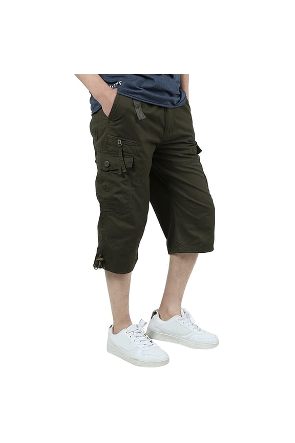 ZVNAΖH Mens 3/4 Long Cargo Shorts Below Knee Shorts Capri Pants Oversized Cotton Multi-pocket Everyday Wear Overalls Cropped Trousers