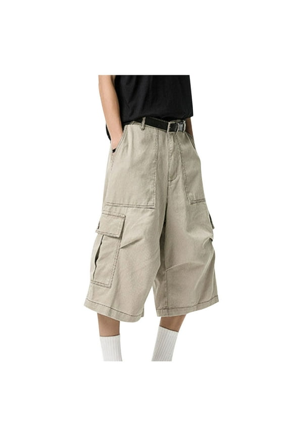 ZVNAΖH Mens 3/4 Long Cargo Shorts Below Knee Shorts Capri Pants Wide Leg Cowboy Cropped Pants Streetwear