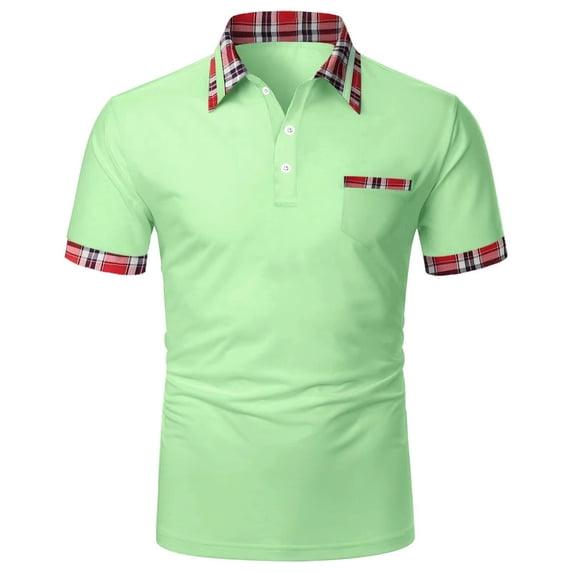 ZVNAΖH Mens 3 Button Short Sleeve Shirts Turn Down Collar Golf Shirts Plaid Patchwork Casual T-shirt Moisture Wicking