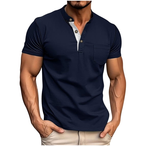 ZVNAΖH Mens 3 Button Short Sleeve T-shirts Stand Up Collar Pocket Tee Comfy Solid Summer Tops Golf Shirts, S-3XL