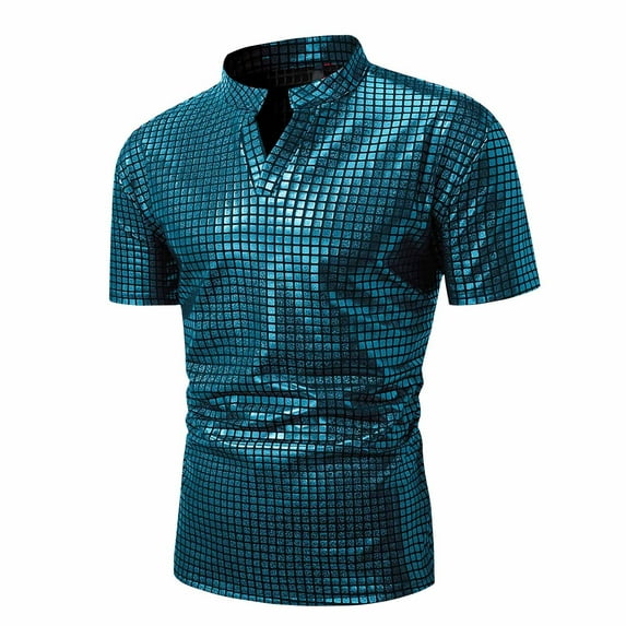 ZVNAΖH Mens 70s Shirt Short Sleeve Sequin Stand Up Collar Top Party Disco Outfit Bar Prom Costume Bright Color Nightclub Tees