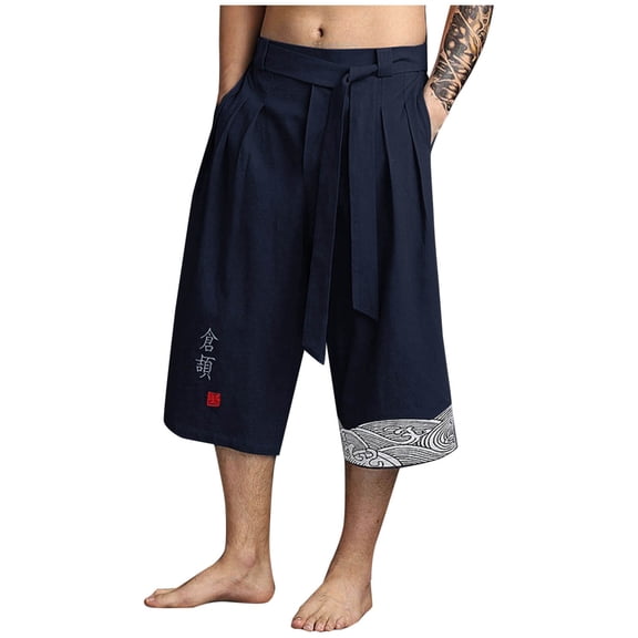 ZVNAΖH Mens Below Knee 3/4 Pant Embroidery Loose Casual Pocket Drawstring Elastic-Waist Capris