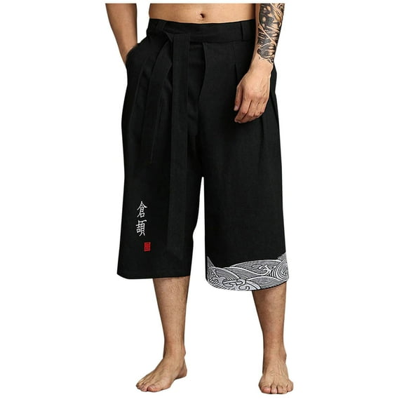 ZVNAΖH Mens Below Knee 3/4 Pant Embroidery Loose Casual Pocket Drawstring Elastic-Waist Capris