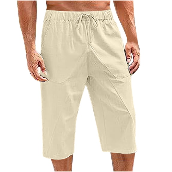 ZVNAΖH Mens Below Knee 3/4 Pant Solid Drawstring Elastic Waist Pocket Casual Linen Capris Pants
