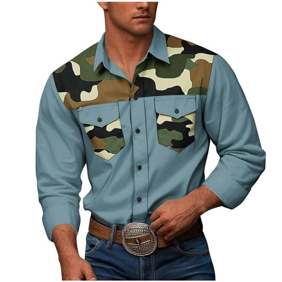 ZVNAΖH Mens Button Down Long Sleeve Shirt Camouflage Print Double Pockets Work Shirts for Outdoor Fishing Hiking