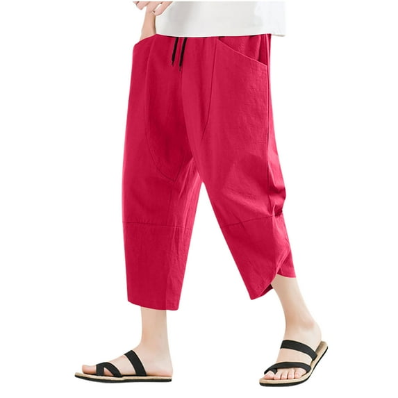 ZVNAΖH Mens Capri Pants Below Knee 3/4 Long Shorts Summer Casual Drawstring Elastic Waist Solid Color Capris Pants with Pockets