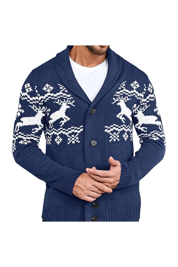ZVNAΖH Mens Casual Cable Knit Cardigan Sweater Long Sleeve Ugly Xmas Sweaters Shawl Collar Reindeer Snowflake Pattern Knitted Sweater